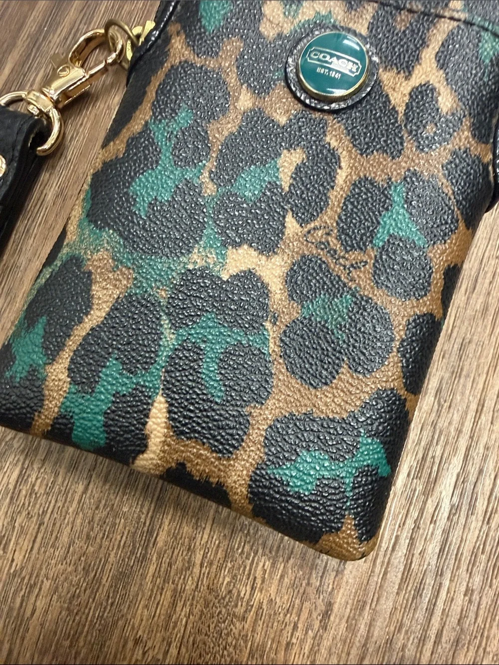 Vintage Coach Leopard Print Wristlet Phone Case in Brown, Black & Green